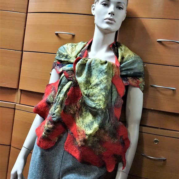 BATIK SILK FELTED WOOL TRIM HUGE SHAWL HANDMADE GIFT FOR WOMEN - Picture 2 of 16